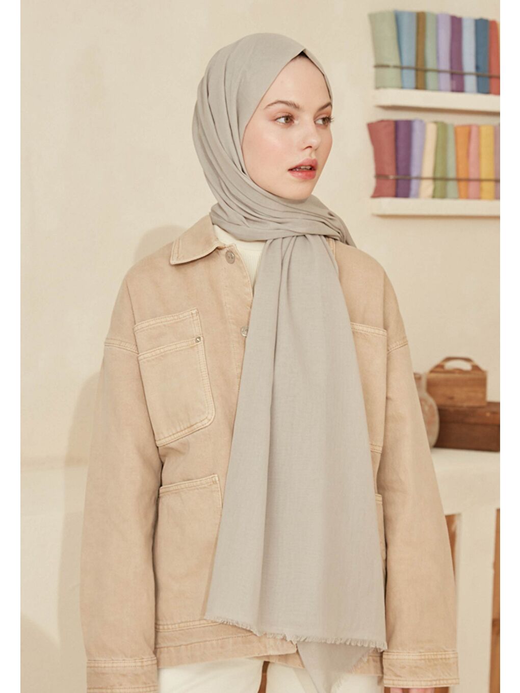 Ekru İnce Pamuk Vual Şal Sıcak Gri-1