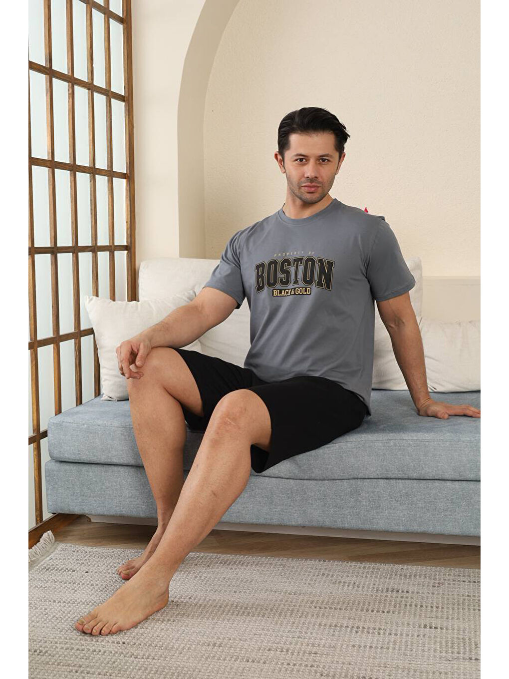 Antrasit %100 Pamuklu Kısa Kollu Cepli Erkek Şortlu Pijama Takımı 2015-2