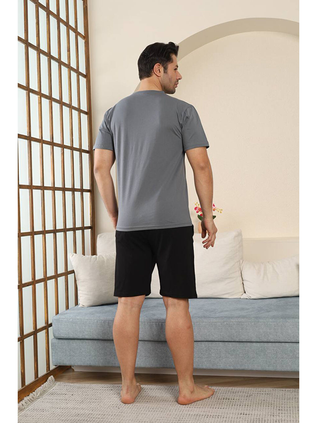 Antrasit %100 Pamuklu Kısa Kollu Cepli Erkek Şortlu Pijama Takımı 2015-3