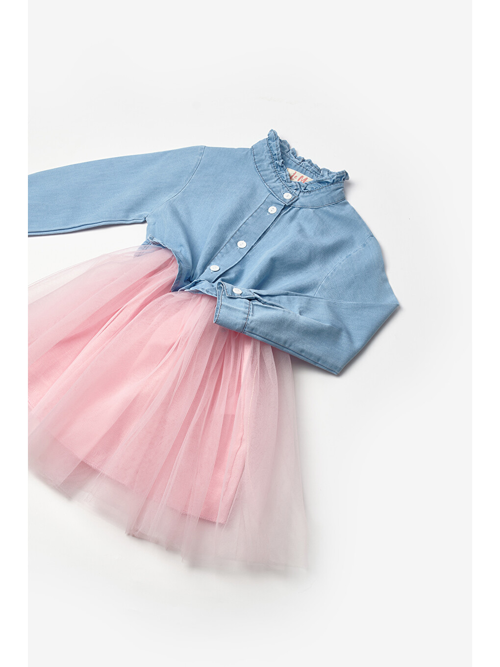 Pembe Tül Etekli Düğme Detaylı Kız Çocuk Jean Elbise - Catherine-6