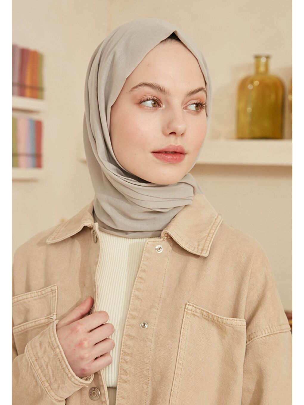 Ekru İnce Pamuk Vual Şal Sıcak Gri-3