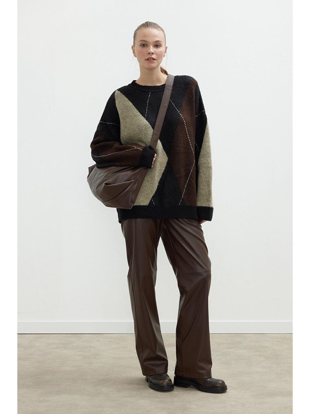 Kahverengi Deri Palazzo Paça Pantolon Acı Kahve