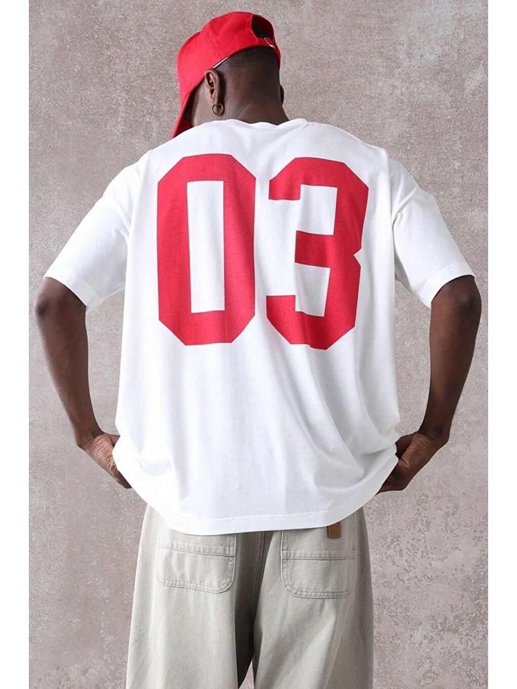 Erkek Beyaz Bisiklet Yaka 03 Baskılı Oversize Kısa Kollu Tişört