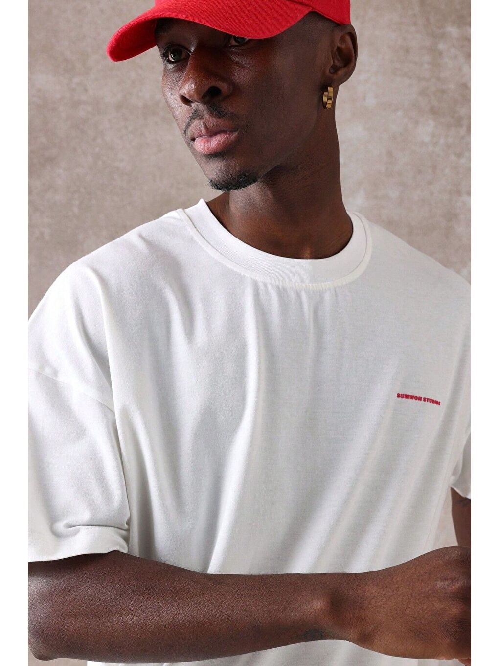 Erkek Beyaz Bisiklet Yaka 03 Baskılı Oversize Kısa Kollu Tişört-3