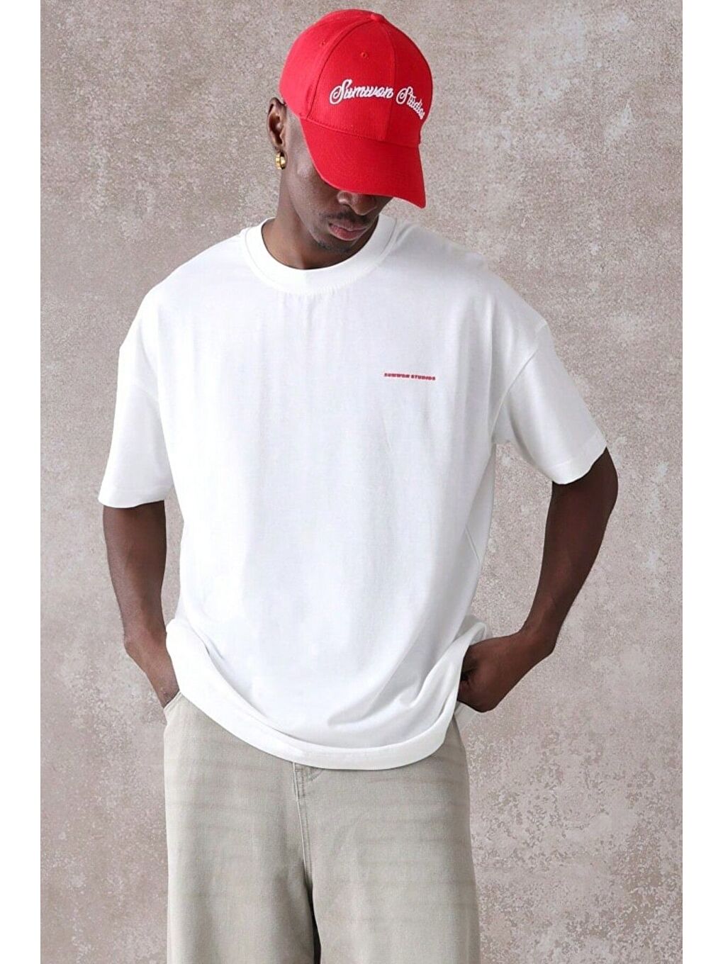 Erkek Beyaz Bisiklet Yaka 03 Baskılı Oversize Kısa Kollu Tişört-4