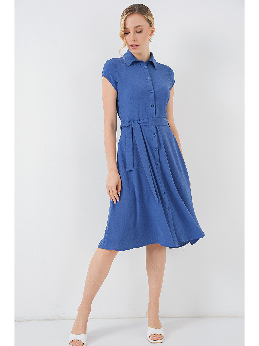 1677 Boydan Düğmeli Kuşaklı Elbise - İndigo-1