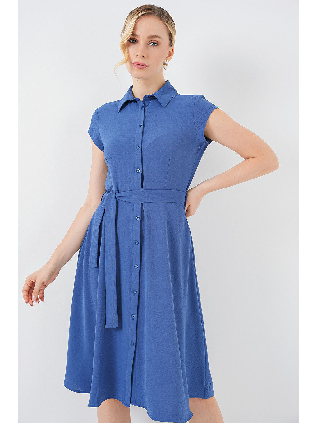 1677 Boydan Düğmeli Kuşaklı Elbise - İndigo-2