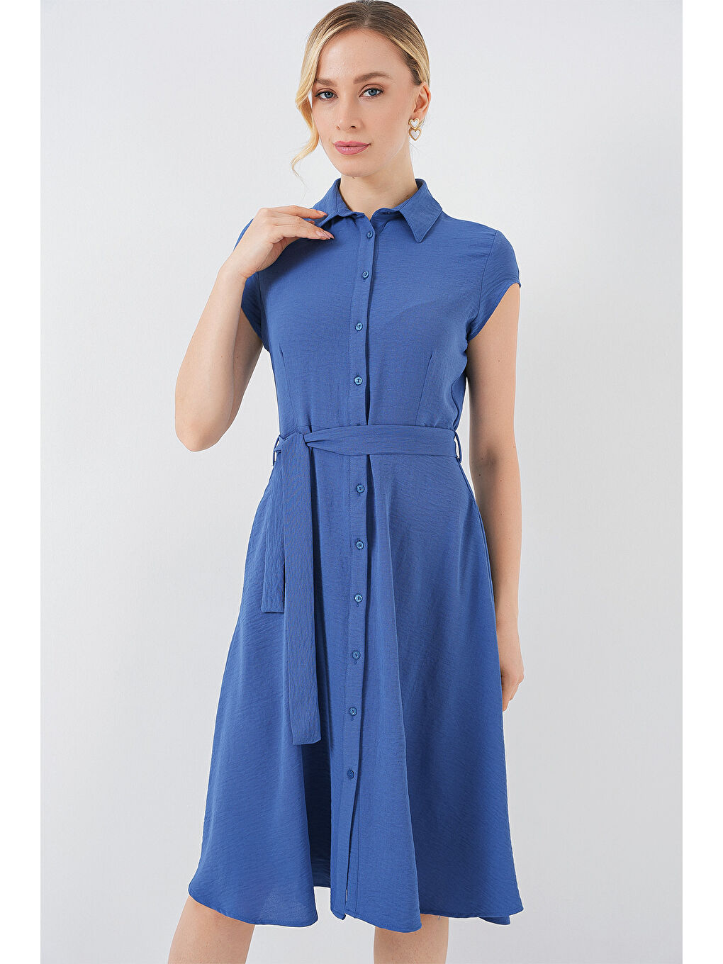 1677 Boydan Düğmeli Kuşaklı Elbise - İndigo-3