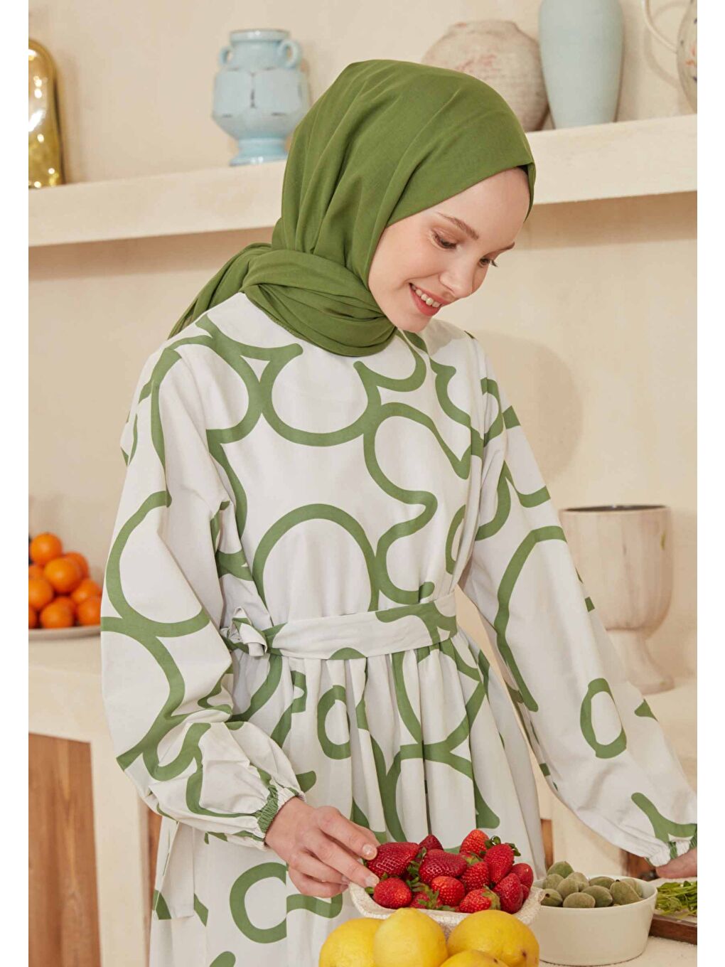 Yeşil İnce Pamuk Vual Şal Lime Kabuğu