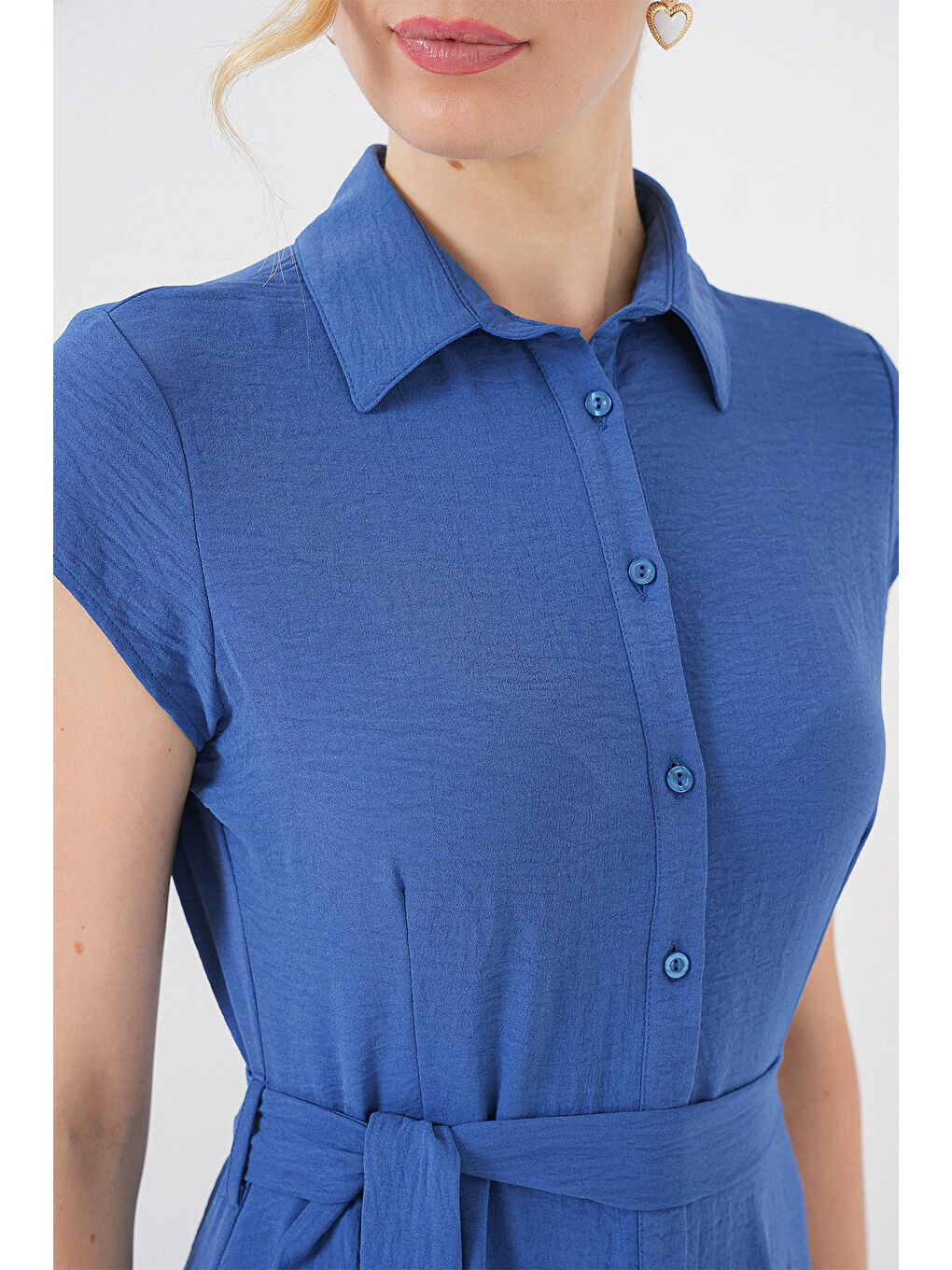 1677 Boydan Düğmeli Kuşaklı Elbise - İndigo-4