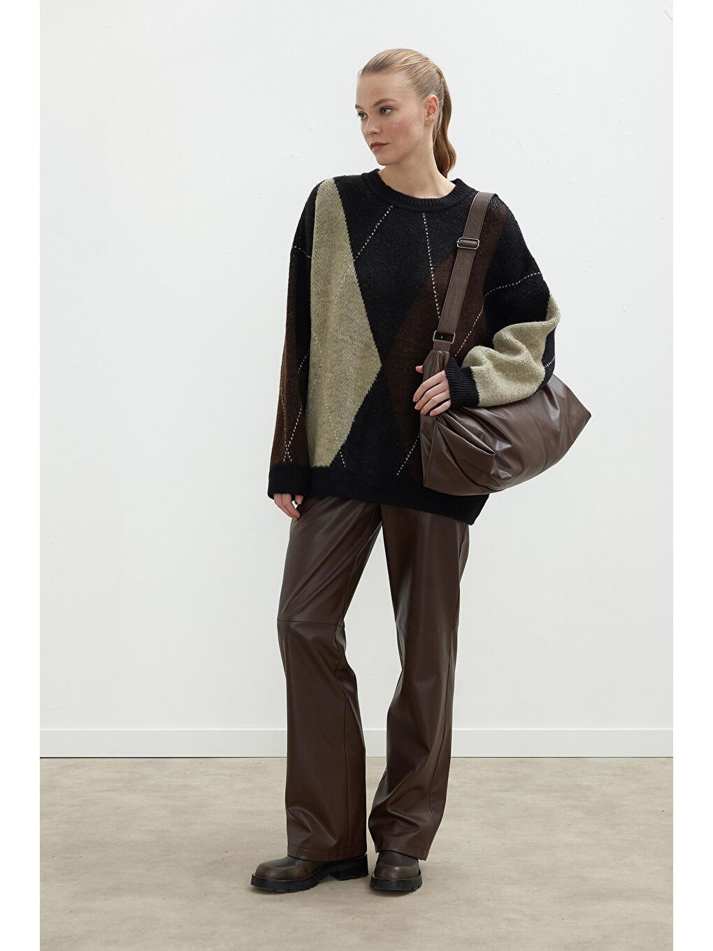 Kahverengi Deri Palazzo Paça Pantolon Acı Kahve-1