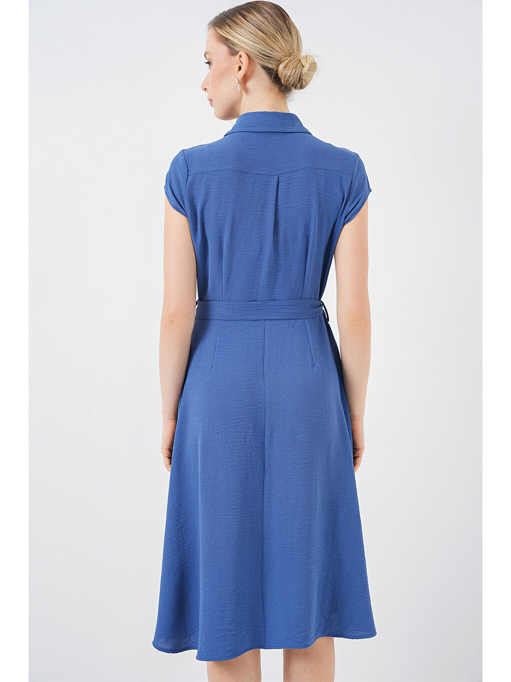 1677 Boydan Düğmeli Kuşaklı Elbise - İndigo-5