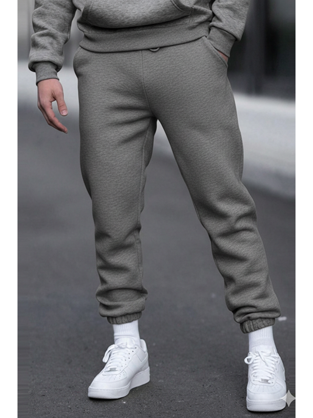 Gri Füme Unısex Regular/Normal Kesim Paçası Lastikli İçi Polar/Sıcak Tutan Eşofman Altı