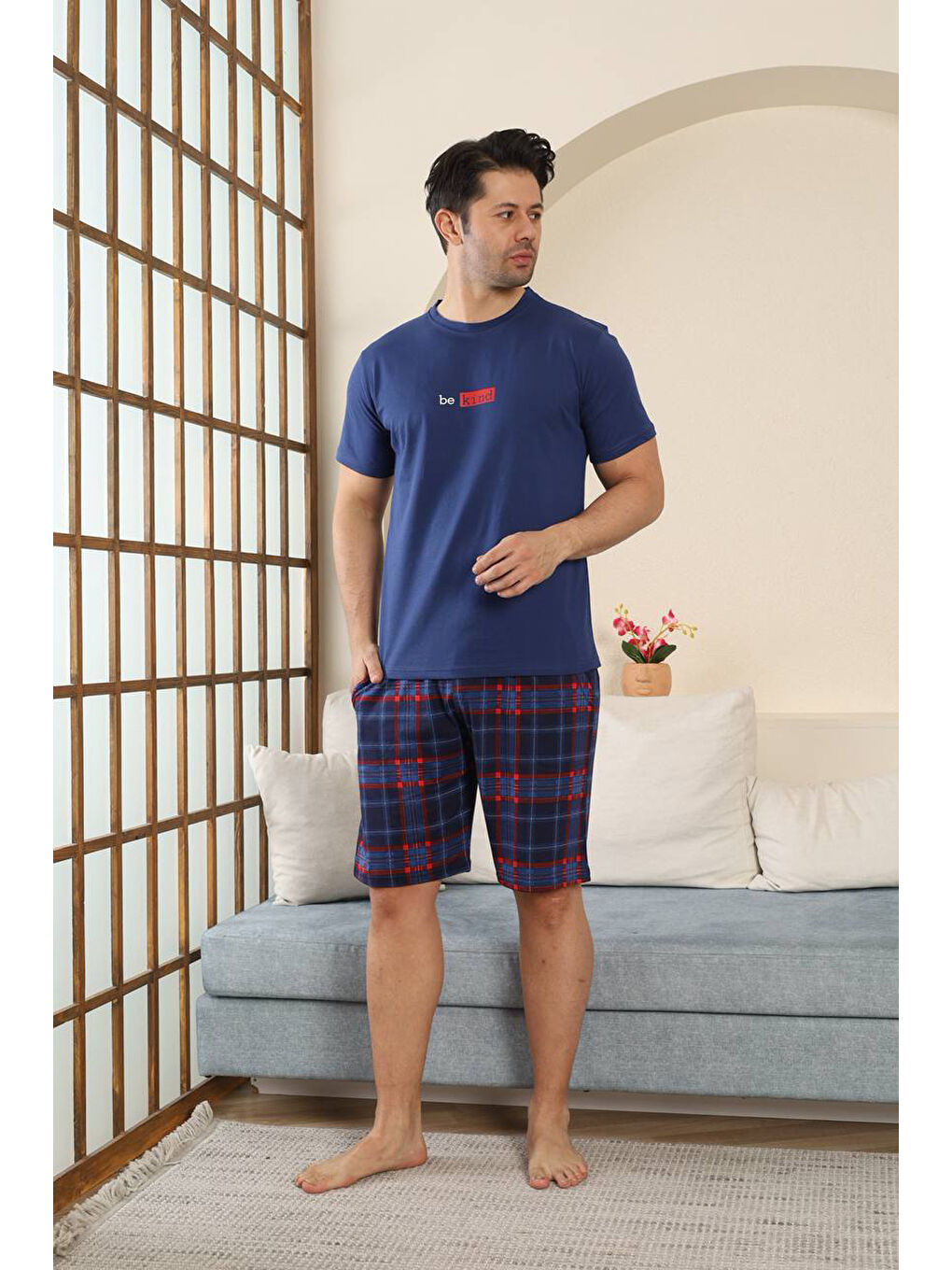 İndigo %100 Pamuklu Kısa Kollu Cepli Erkek Şortlu Pijama Takımı 2015-1