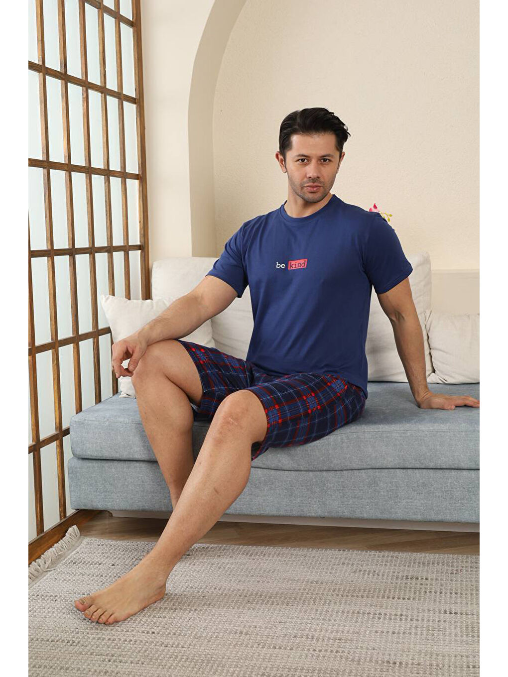 İndigo %100 Pamuklu Kısa Kollu Cepli Erkek Şortlu Pijama Takımı 2015-2