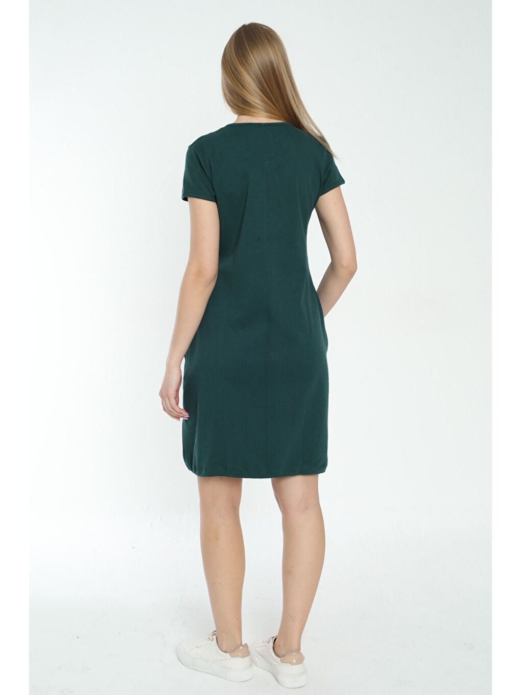 Kadın Yeşil Fermuarlı Cepli Nakış Detaylı Kısa Kollu %100 Pamuk Elbise-4