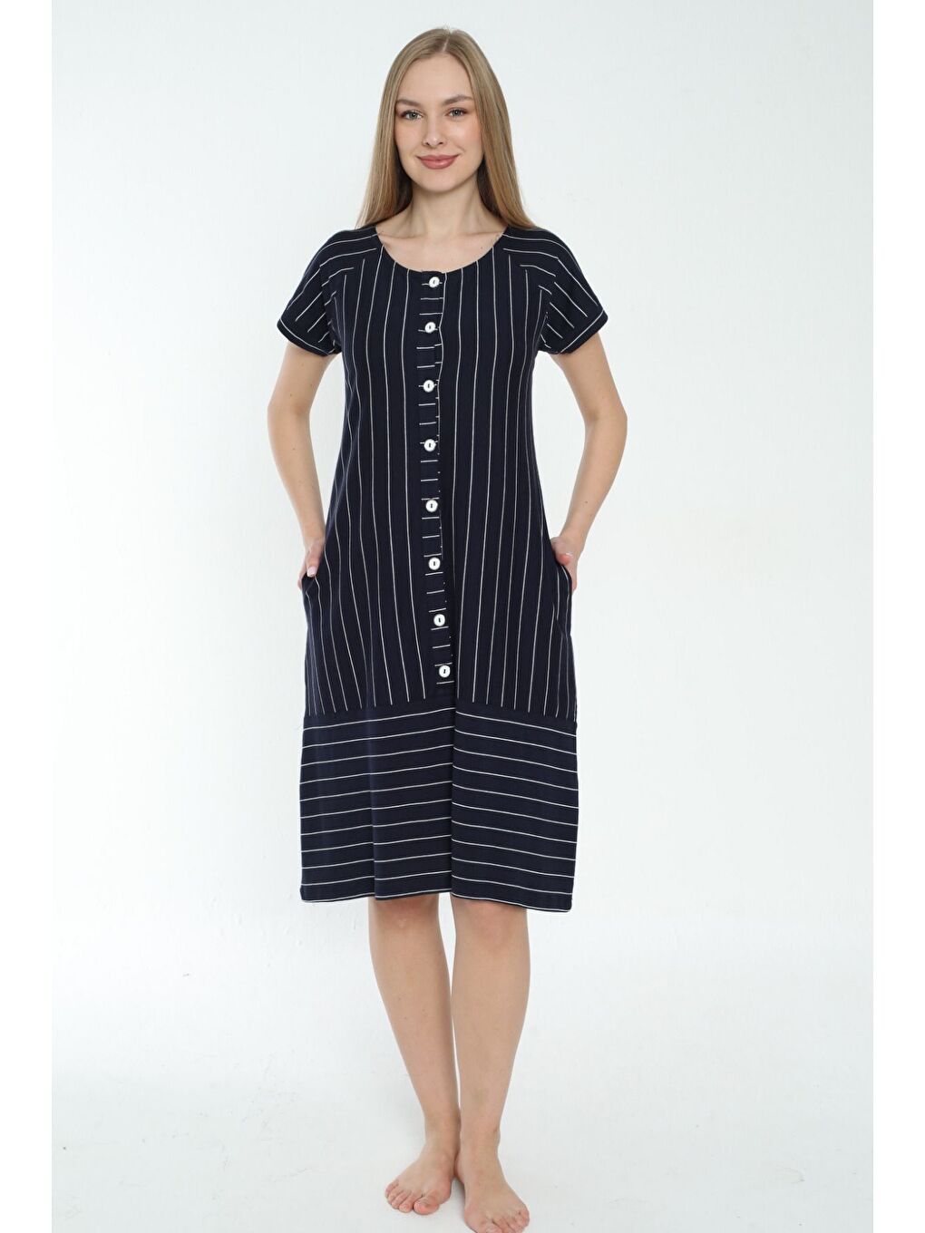 Lacivert Kadın Çizgi Desenli Kısa Kollu Cepli Elbise-1
