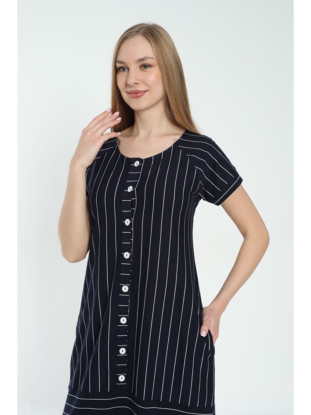 Lacivert Kadın Çizgi Desenli Kısa Kollu Cepli Elbise-2