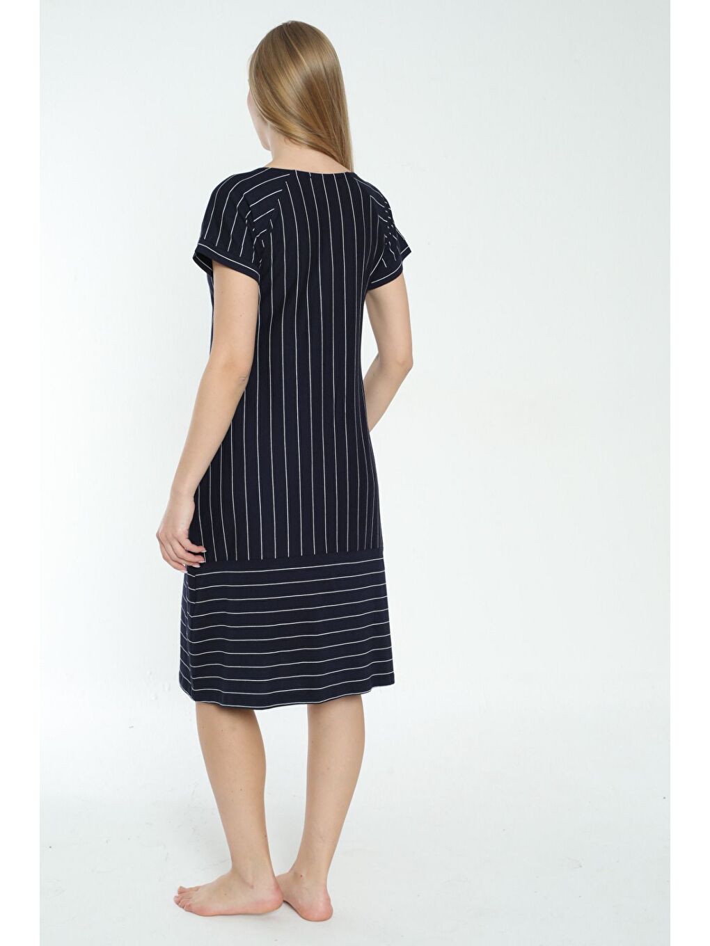 Lacivert Kadın Çizgi Desenli Kısa Kollu Cepli Elbise-3