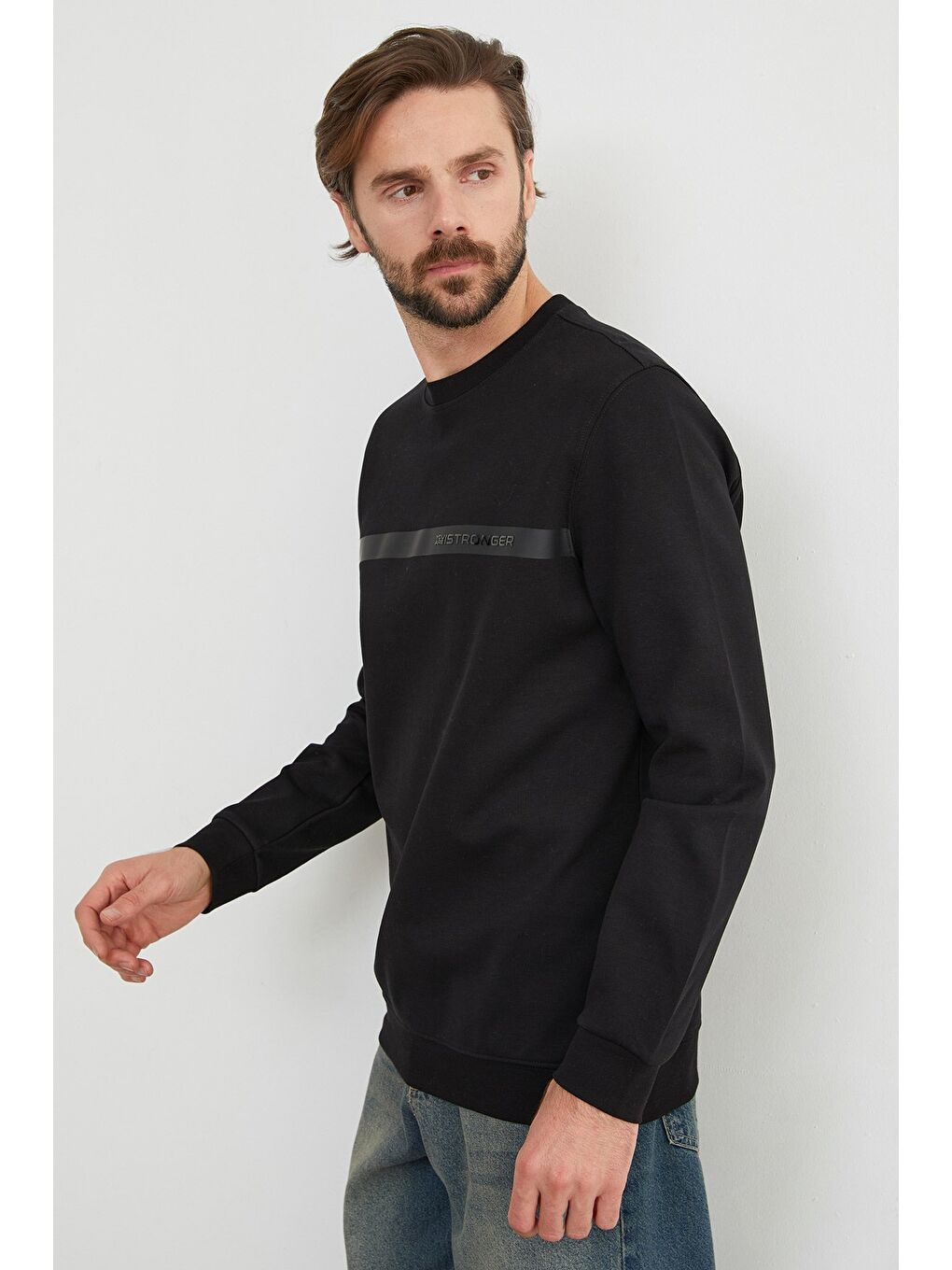 Siyah You`re Stronger Baskılı Bisiklet Yaka Büyük Beden Sweatshirt-4