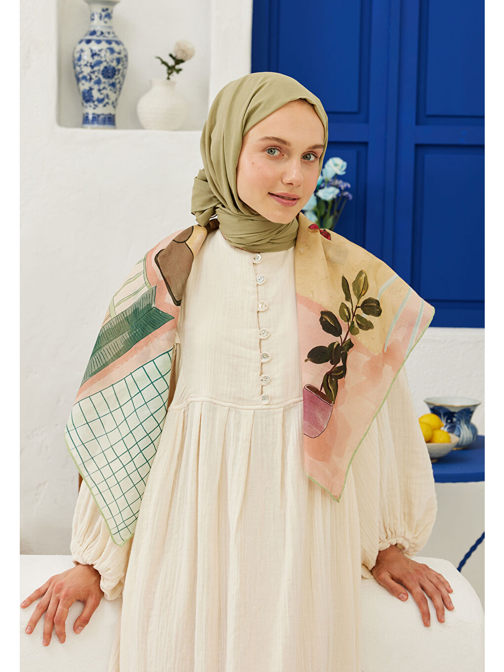 Yeşil İnce Pamuk Vual Şal Ihlamur-4