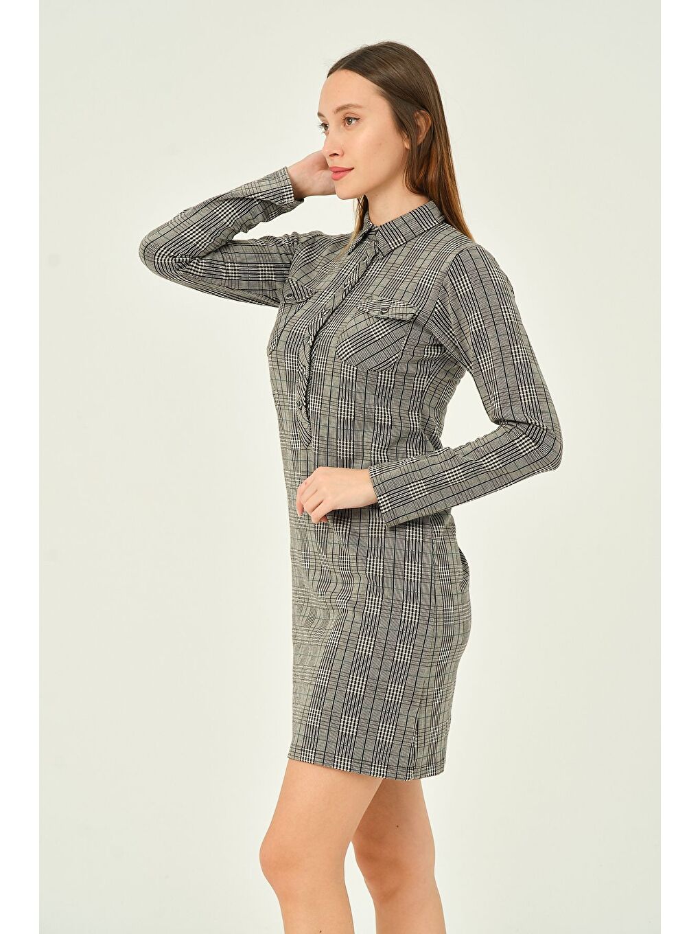 Gri Ekose Desenli Uzun Kollu Düğmeli Midi Boy Pamuklu Jakarlı Elbise-2