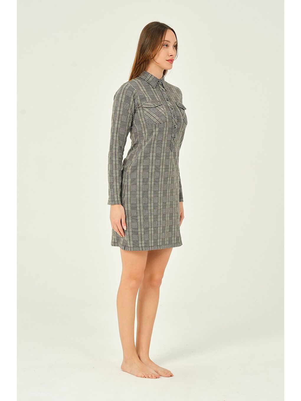 Gri Ekose Desenli Uzun Kollu Düğmeli Midi Boy Pamuklu Jakarlı Elbise-3