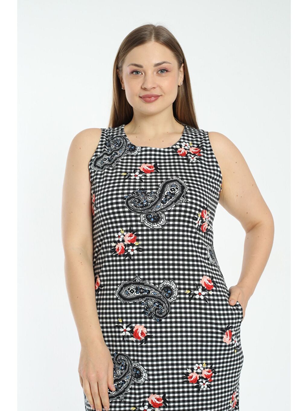 Beyaz Desenli Cepli Askılı Büyük Beden Elbise-1