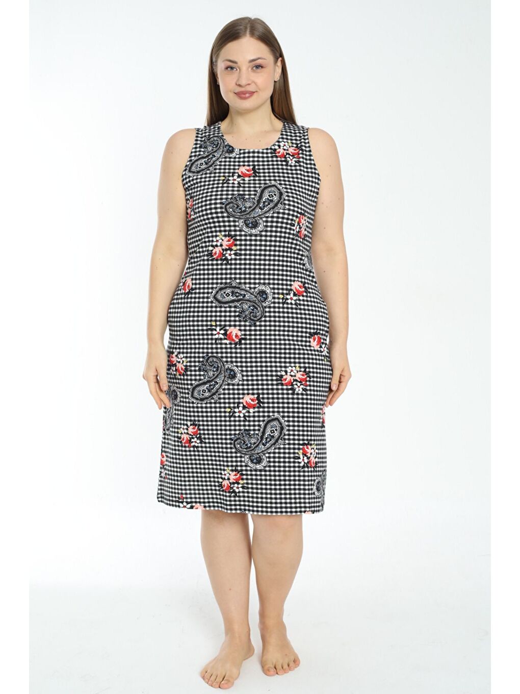 Beyaz Desenli Cepli Askılı Büyük Beden Elbise-2