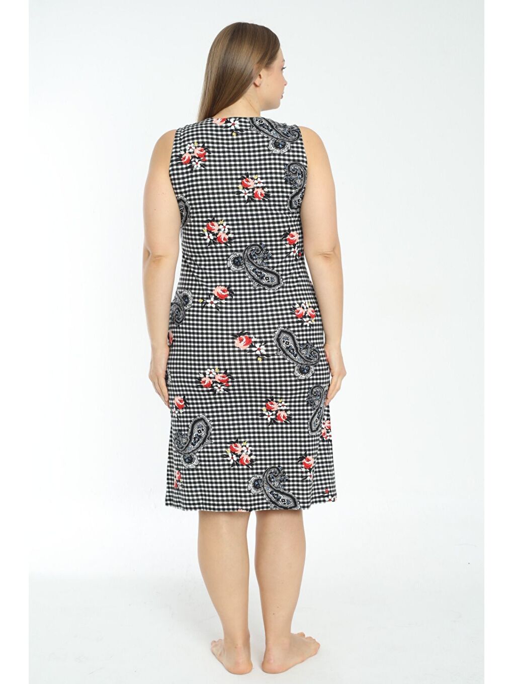 Beyaz Desenli Cepli Askılı Büyük Beden Elbise-3