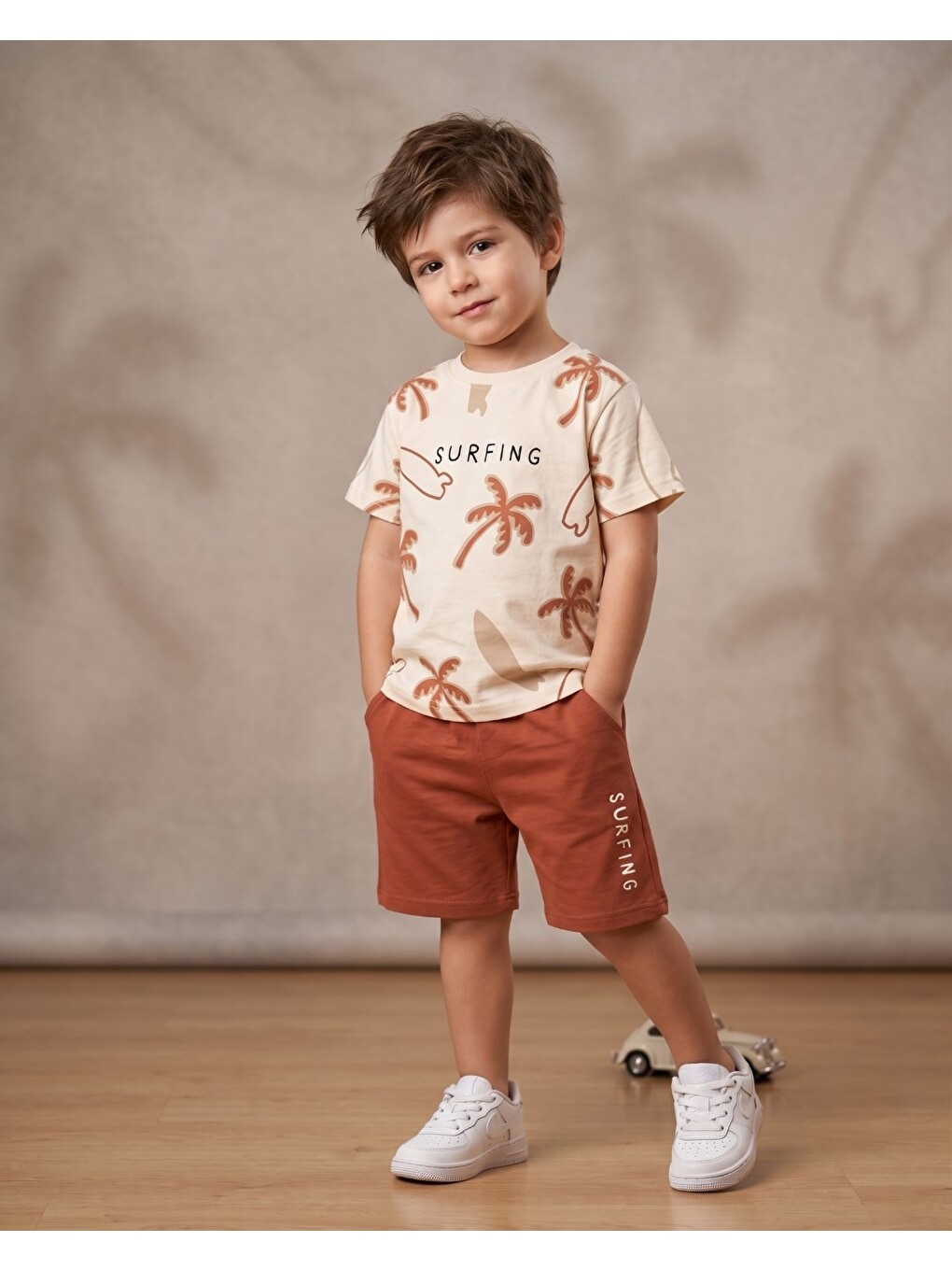Kahverengi Erkek Çocuk Yazlık Palmiye Baskılı Şort T-shirt 2'li Takım-1