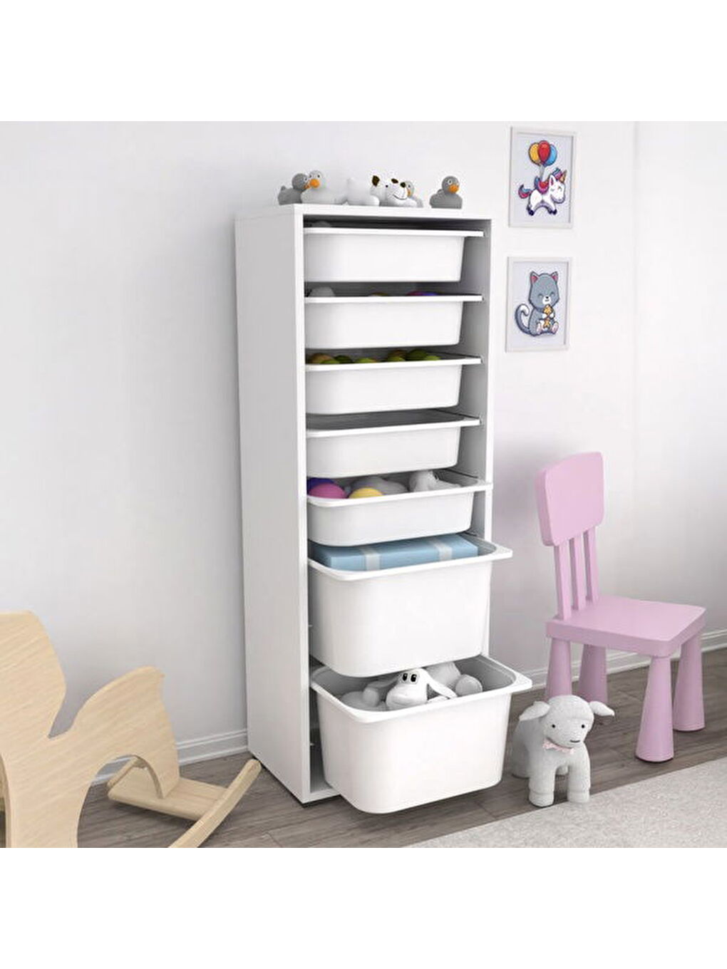 7 Sepetli Çok Amaçlı Oyuncak Dolabı - Beyaz - 122x30x45,5 cm-3