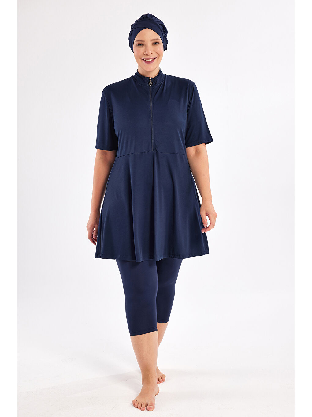 Büyük Beden Kısa Kollu Yarı Kapalı Mayo 3803 Koyu Lacivert-1