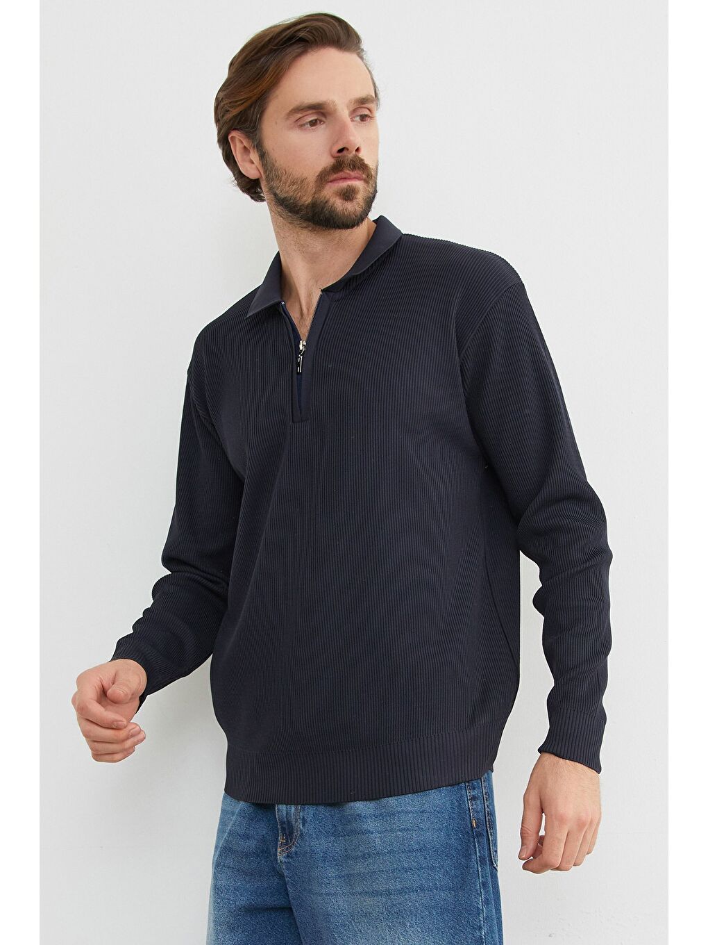 Lacivert Fitilli Yarım Fermuarlı Triko Kazak