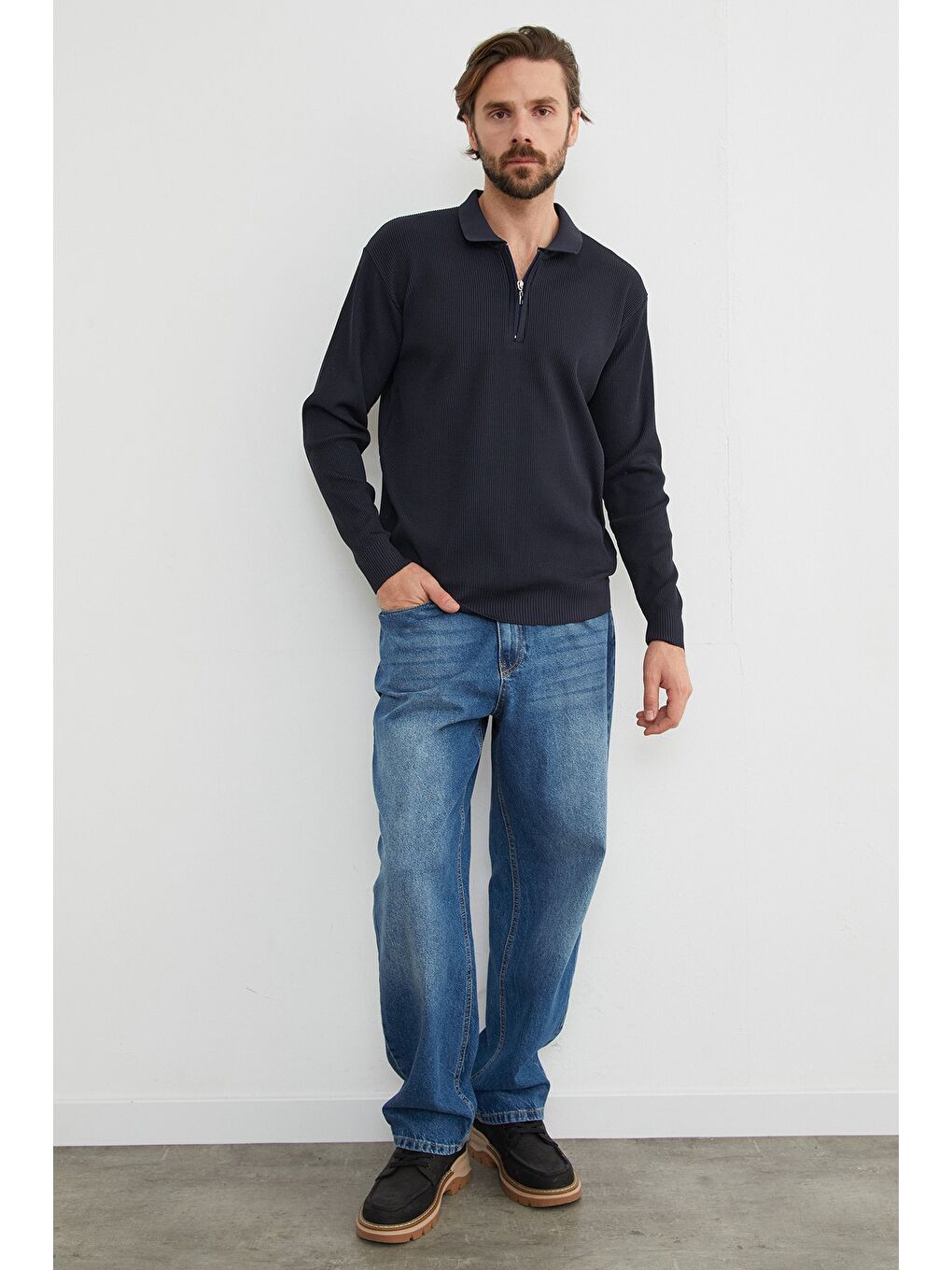 Lacivert Fitilli Yarım Fermuarlı Triko Kazak-1