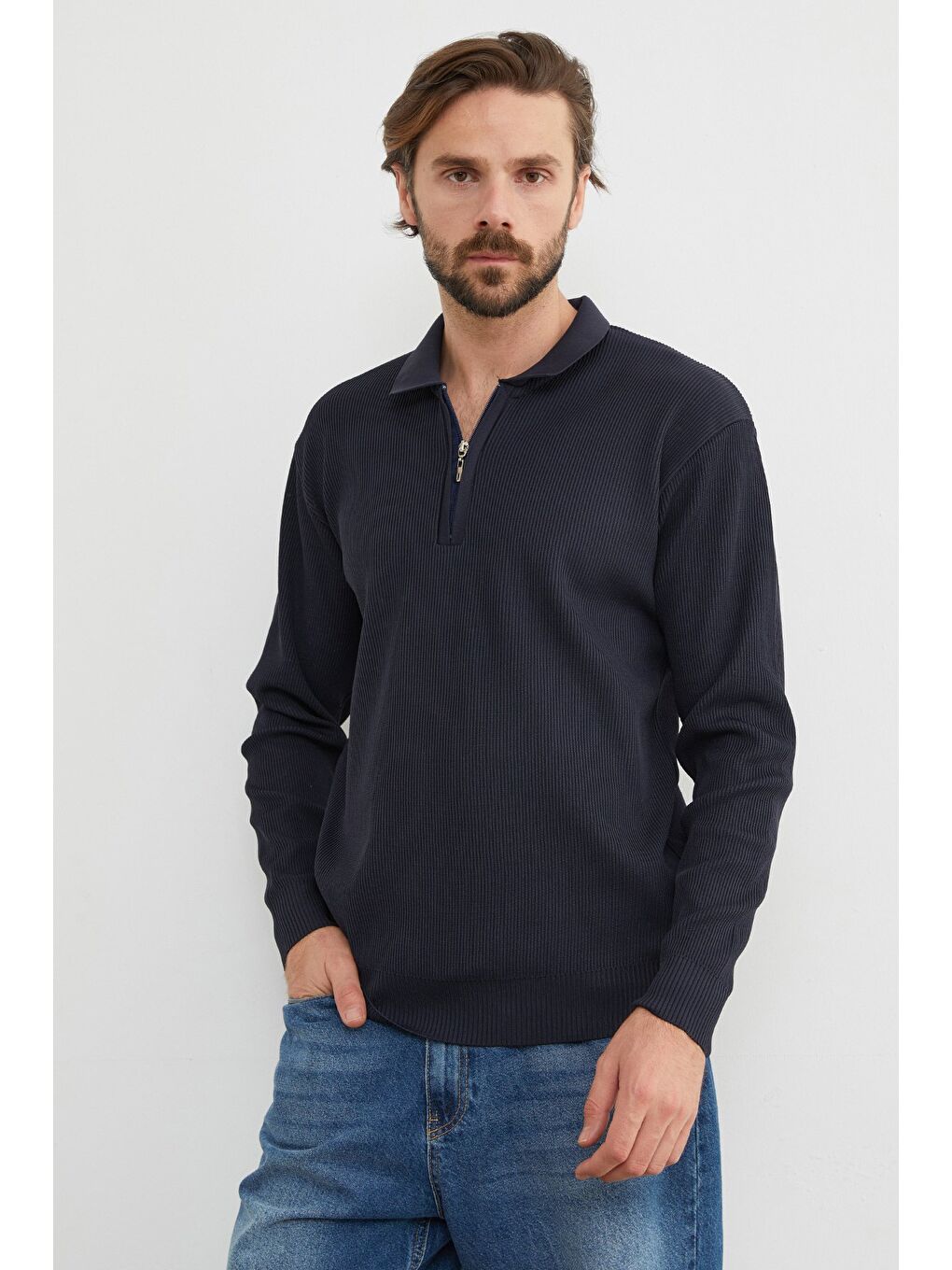 Lacivert Fitilli Yarım Fermuarlı Triko Kazak-2