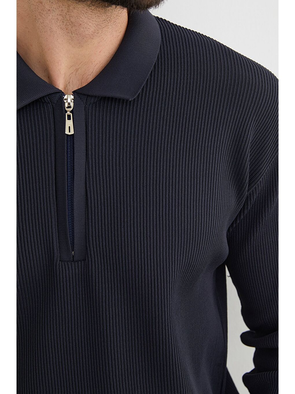 Lacivert Fitilli Yarım Fermuarlı Triko Kazak-3