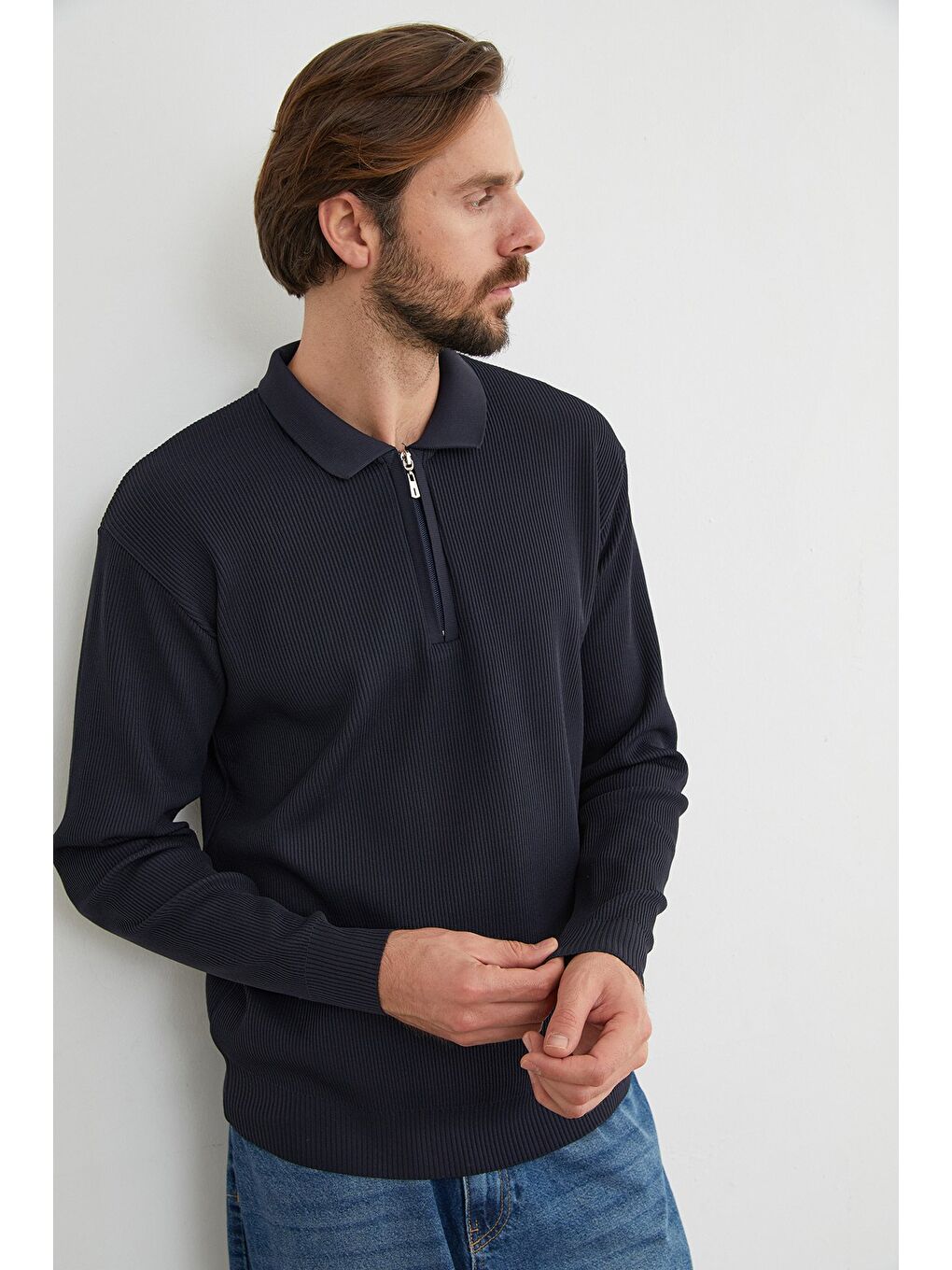 Lacivert Fitilli Yarım Fermuarlı Triko Kazak-4