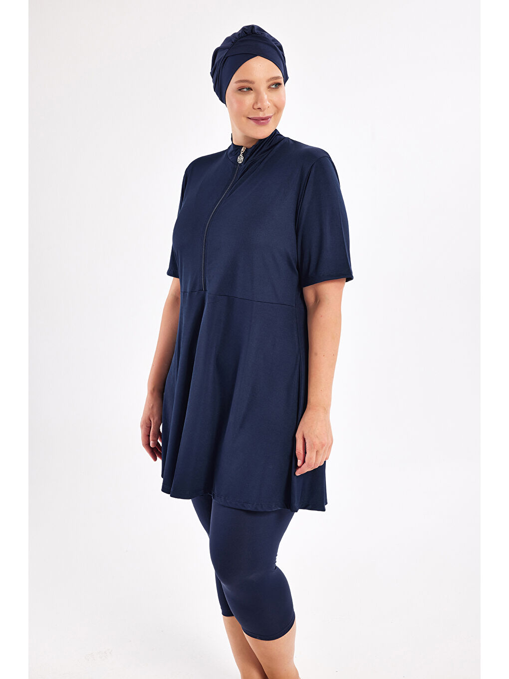 Büyük Beden Kısa Kollu Yarı Kapalı Mayo 3803 Koyu Lacivert-3