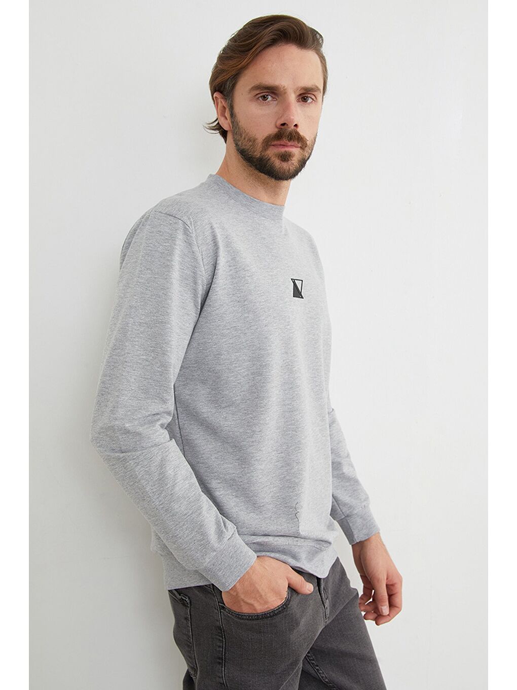 Gri Üçgen Baskılı Bisiklet Yaka Sweatshirt-4