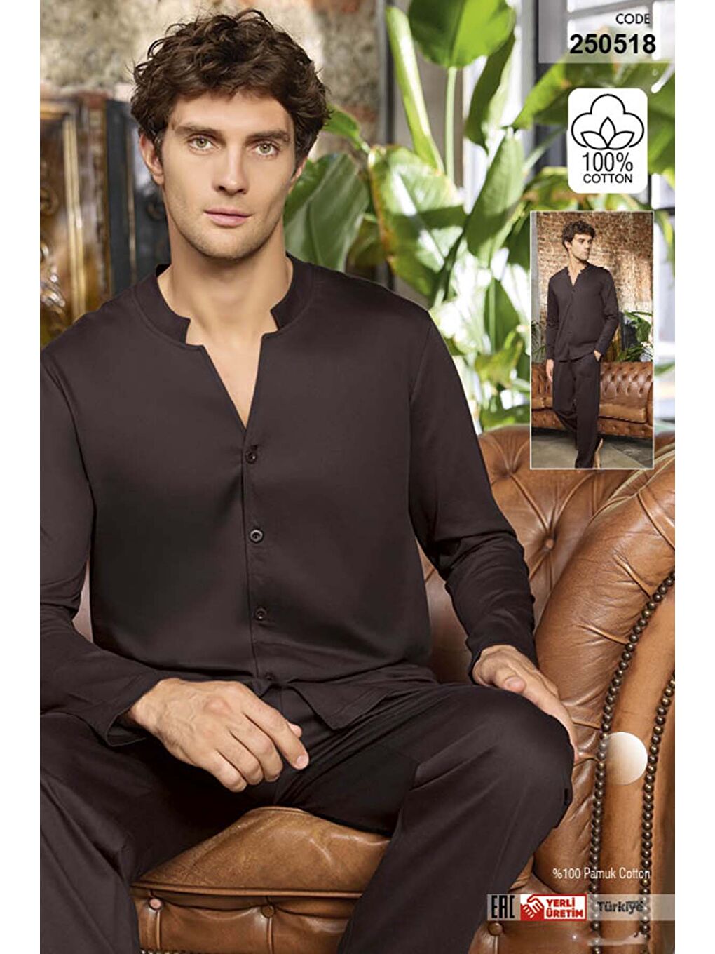 Erkek Suprem Uzun Kol Pijama Takımı 250518 Acı Kahverengi-2