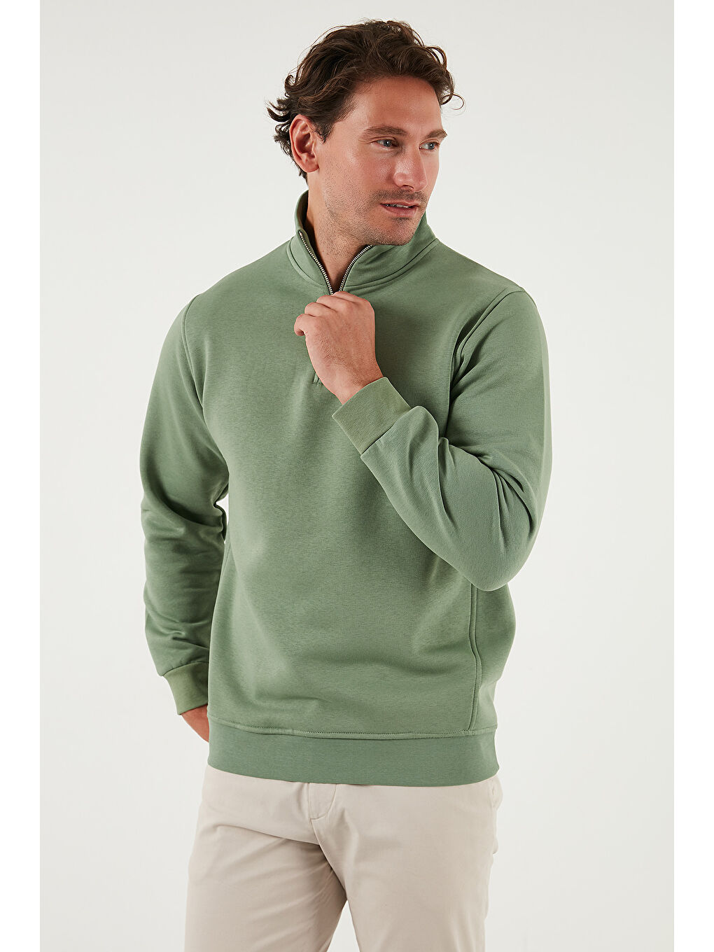 Yeşil Pamuklu Regular Fit Yarım Fermuarlı Dik Yaka Erkek Sweat 59052592