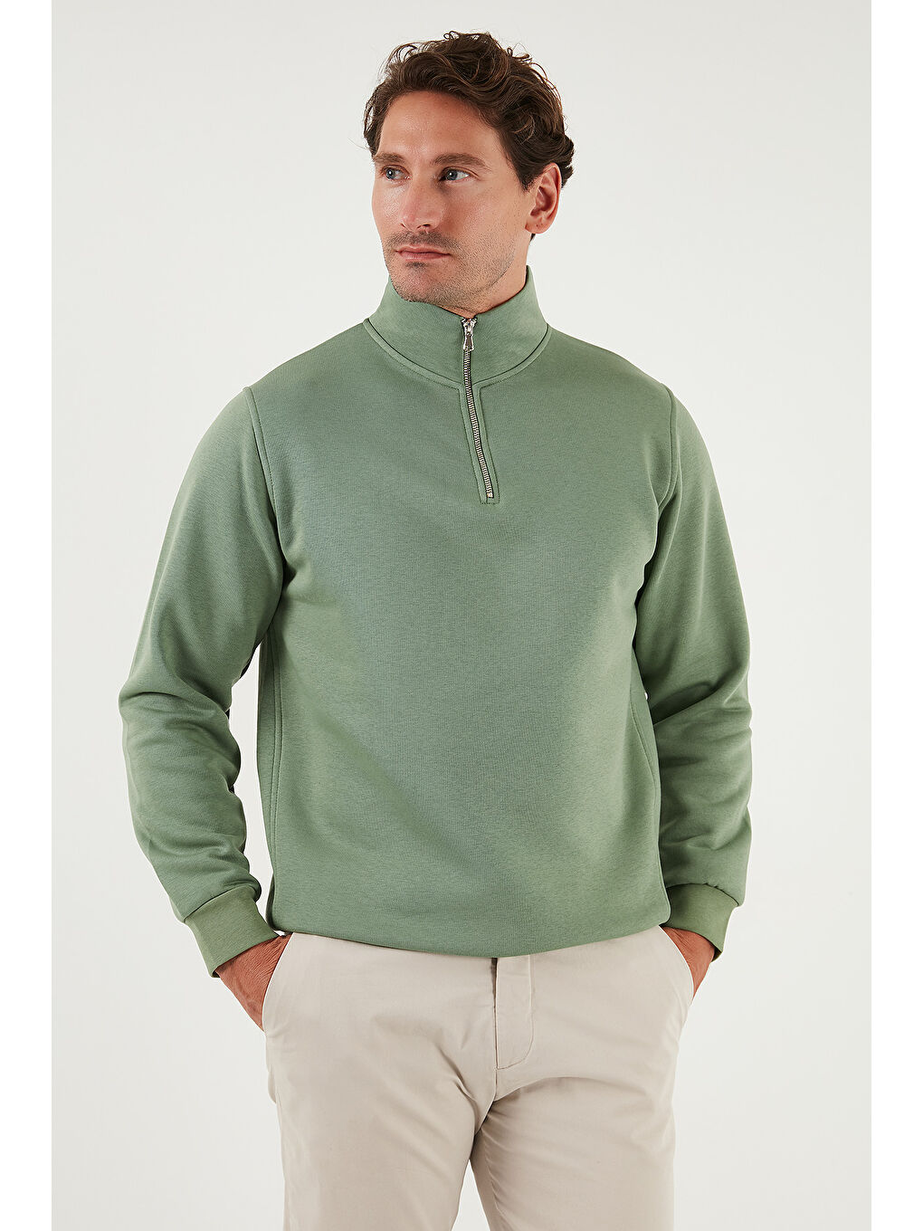 Yeşil Pamuklu Regular Fit Yarım Fermuarlı Dik Yaka Erkek Sweat 59052592-1