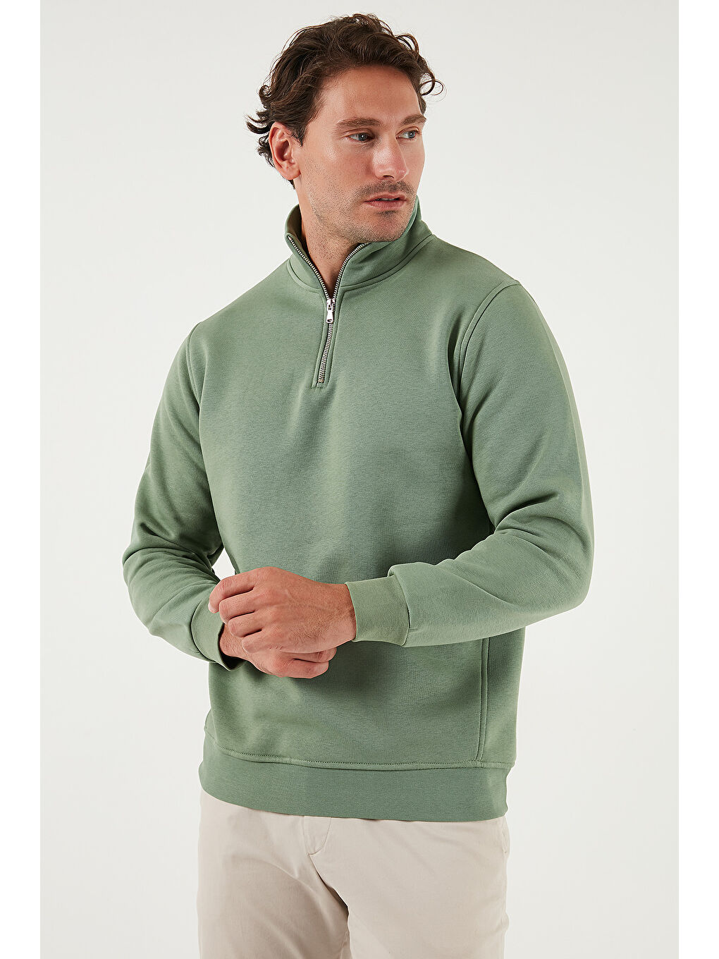 Yeşil Pamuklu Regular Fit Yarım Fermuarlı Dik Yaka Erkek Sweat 59052592-2