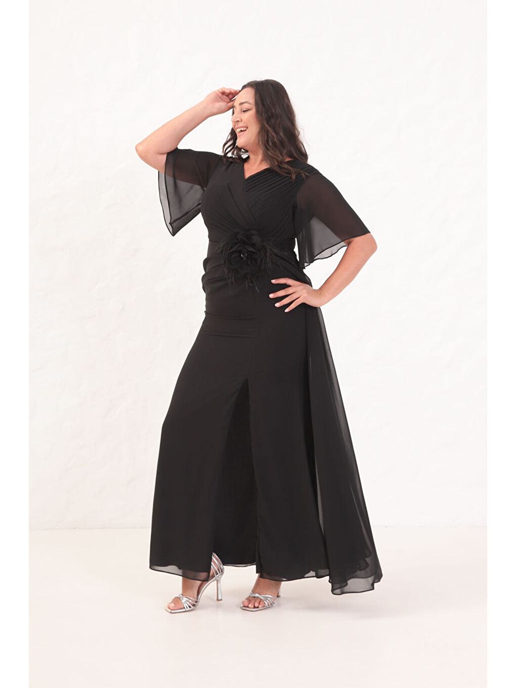 Kadın Siyah Çiçek Detay Büyük Beden Uzun Abiye Elbise-1