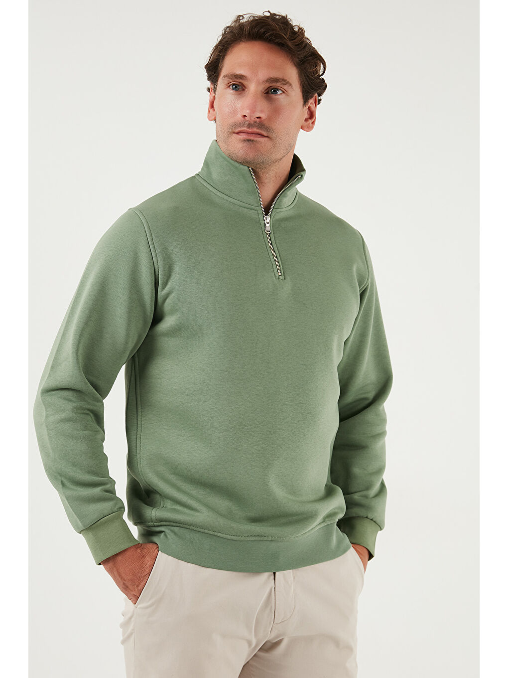 Yeşil Pamuklu Regular Fit Yarım Fermuarlı Dik Yaka Erkek Sweat 59052592-3