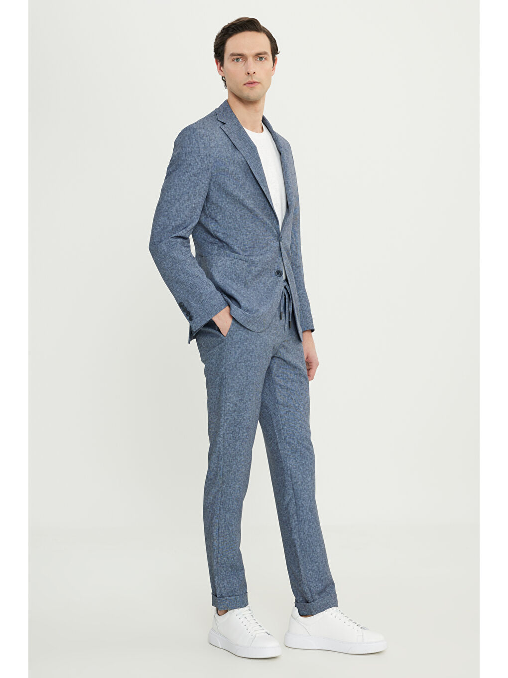 Erkek Lacivert Slim Fit Mono Yaka Beli Bağlamalı Torba Cepli Esnek Takım Elbise-1