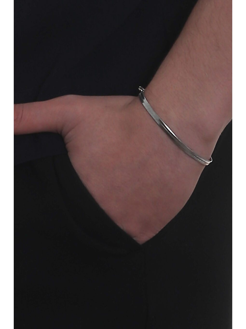 Gri Erkek İtalyan Model Yassı Ezme Çelik Zincir Yılan Bileklik-2