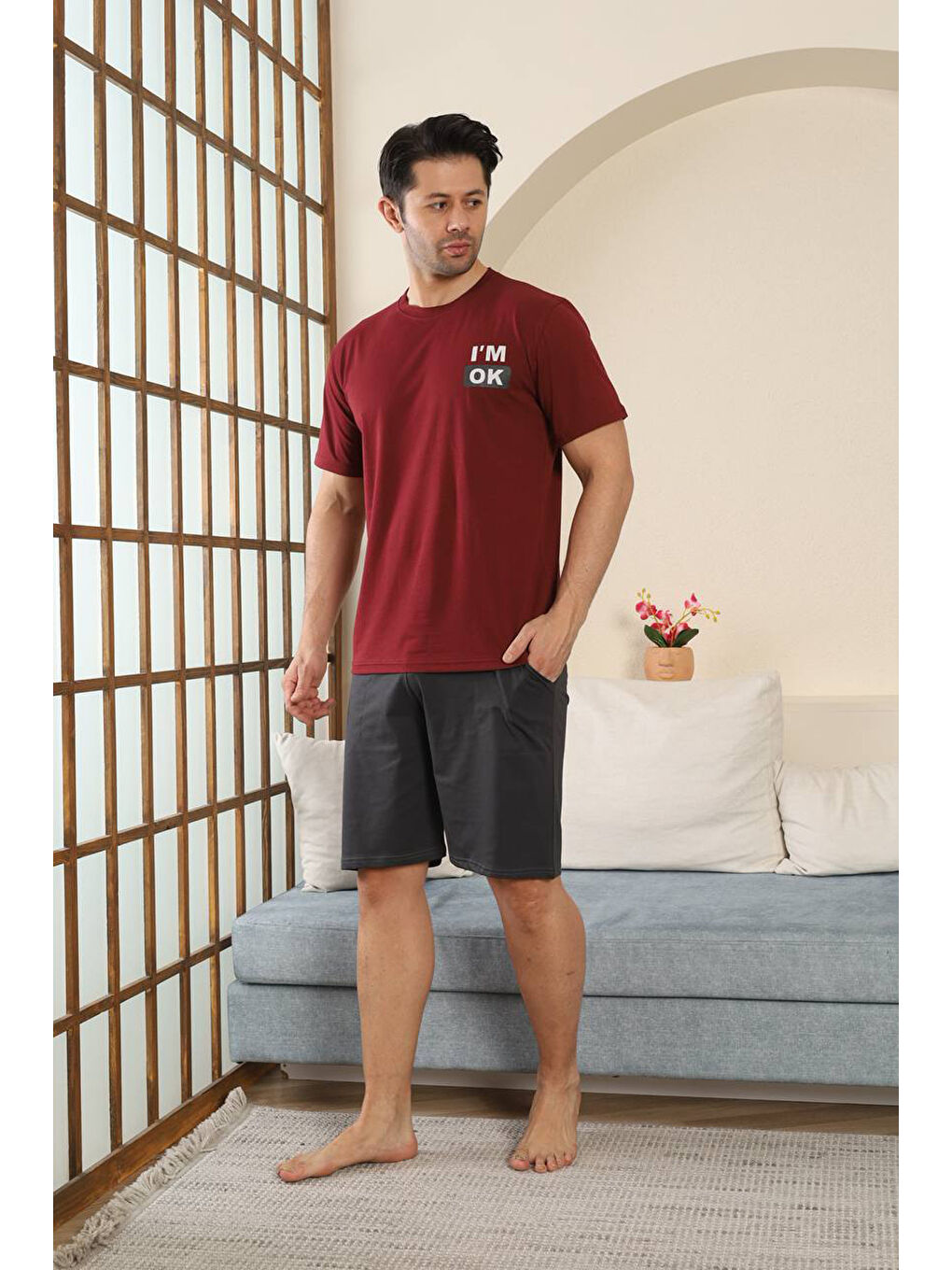 Bordo %100 Pamuklu Kısa Kollu Cepli Erkek Şortlu Pijama Takımı 2015-1