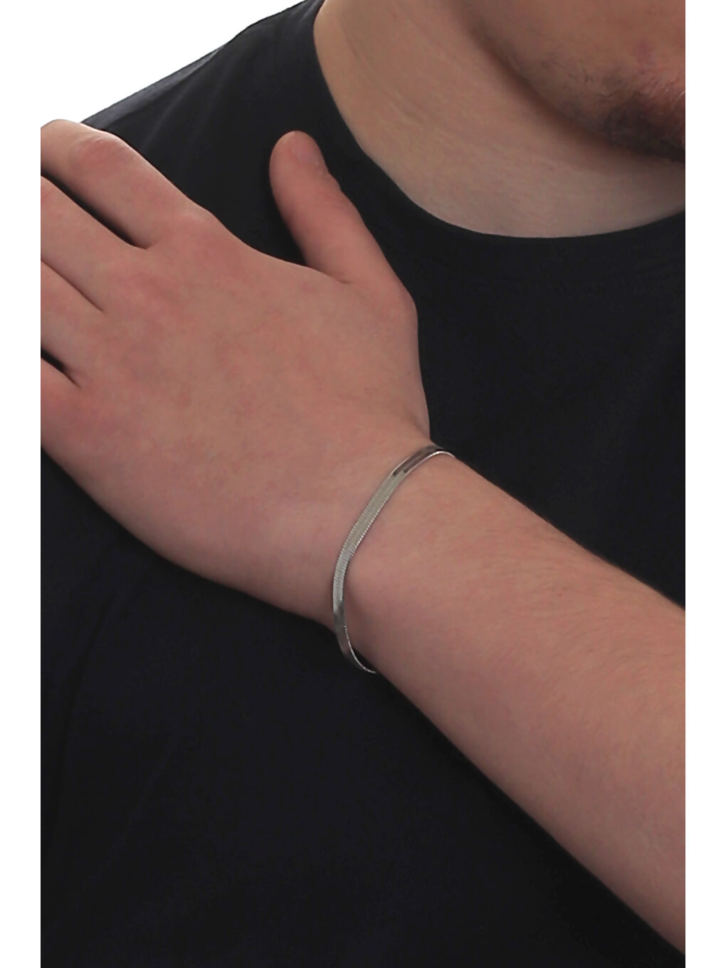 Gri Erkek İtalyan Model Yassı Ezme Çelik Zincir Yılan Bileklik-4